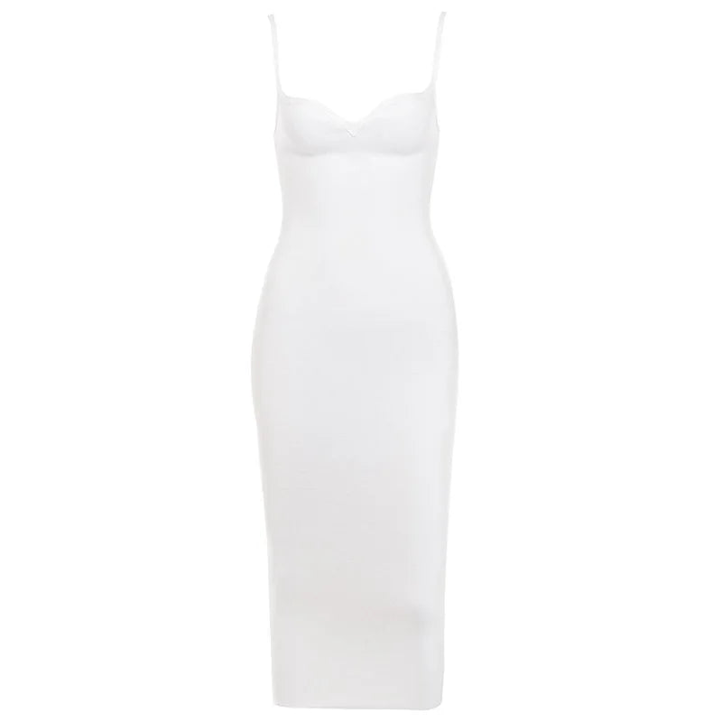 Maxy Summer White Midi Bandages Dress Bodycon Women Spaghetti Strap Sleeveless elegant V neck High Qualit