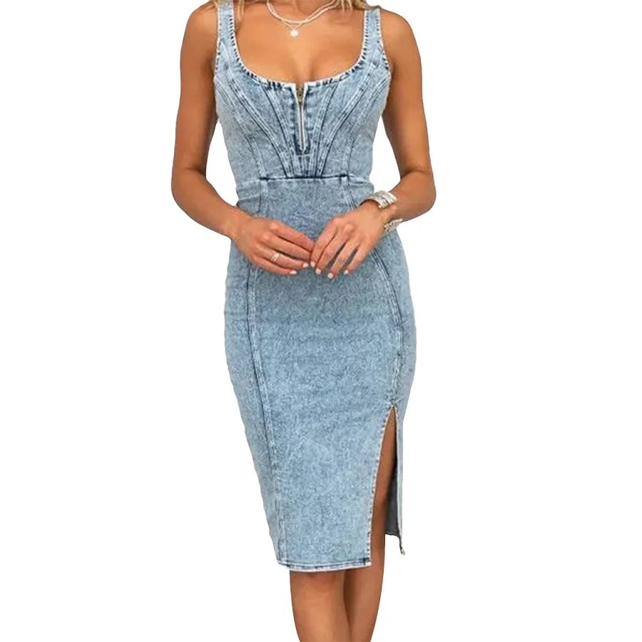 Women Denim Dresses Spaghetti Straps Bodycon Jeans Dress Ladies Knee Length Vintage Vestidos