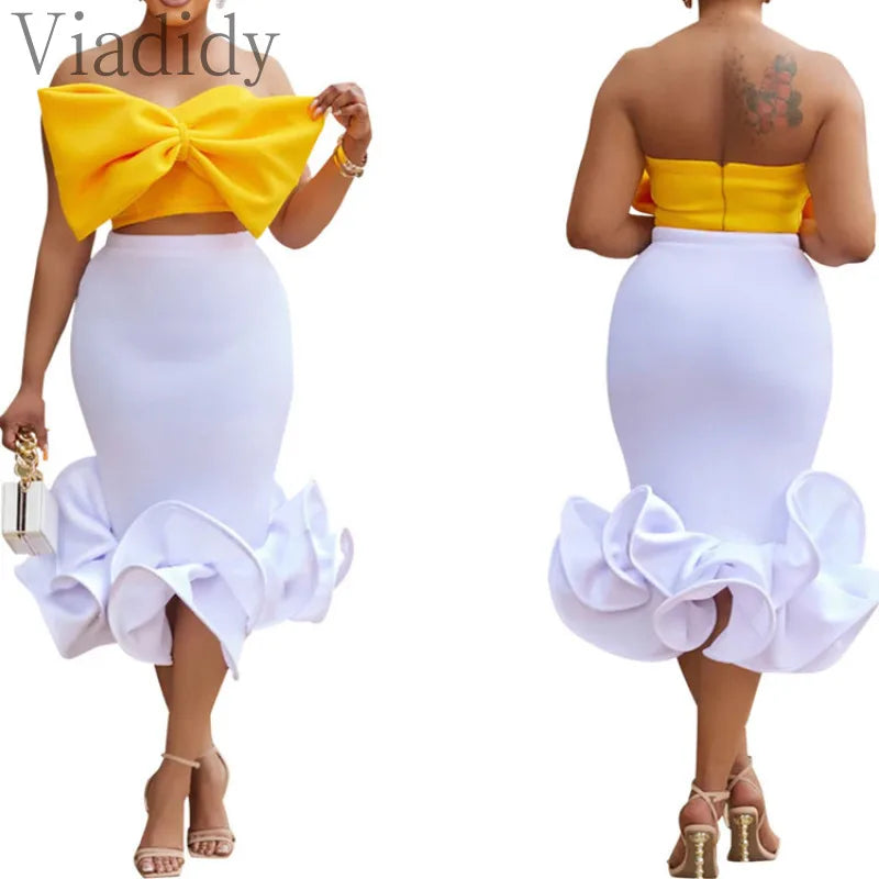 Two-Pieces Bow Strapless Top And High Waist Bodycon Skirt Set