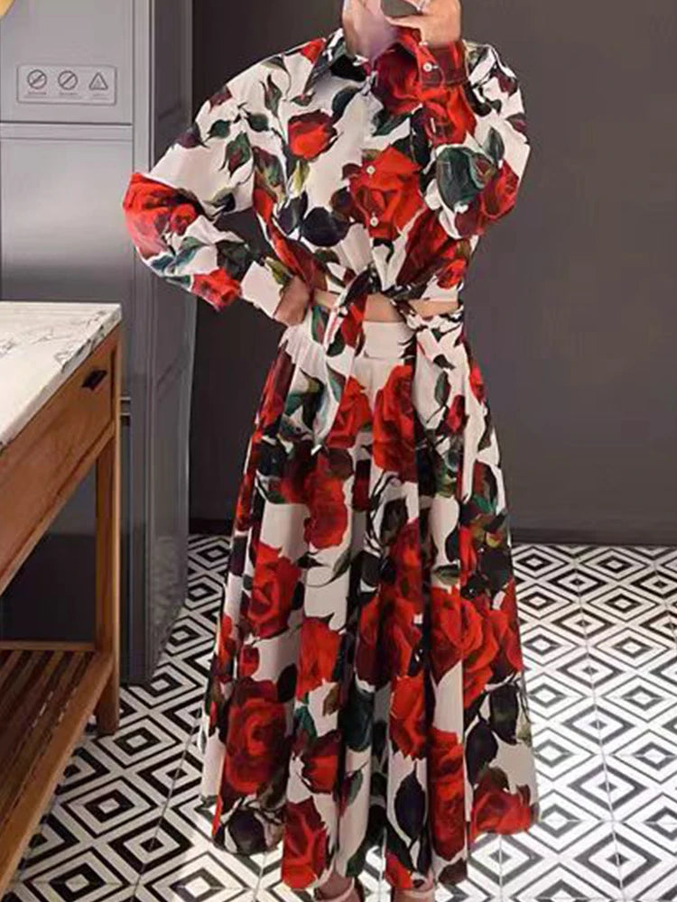 Maxy Two-piece retro printed strappy cinched straight shirt set for autumn women's wear + high-waisted pleated loose skirt set