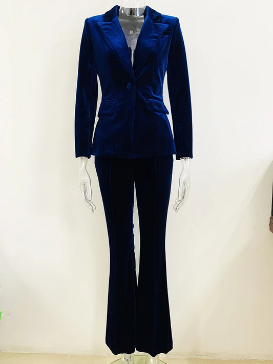 Maxy HIGH STREET Fall Winter Designer Runway Suit Set Women's Single Button Lapel Velvet Blazer Jacket Flare Pants Suit