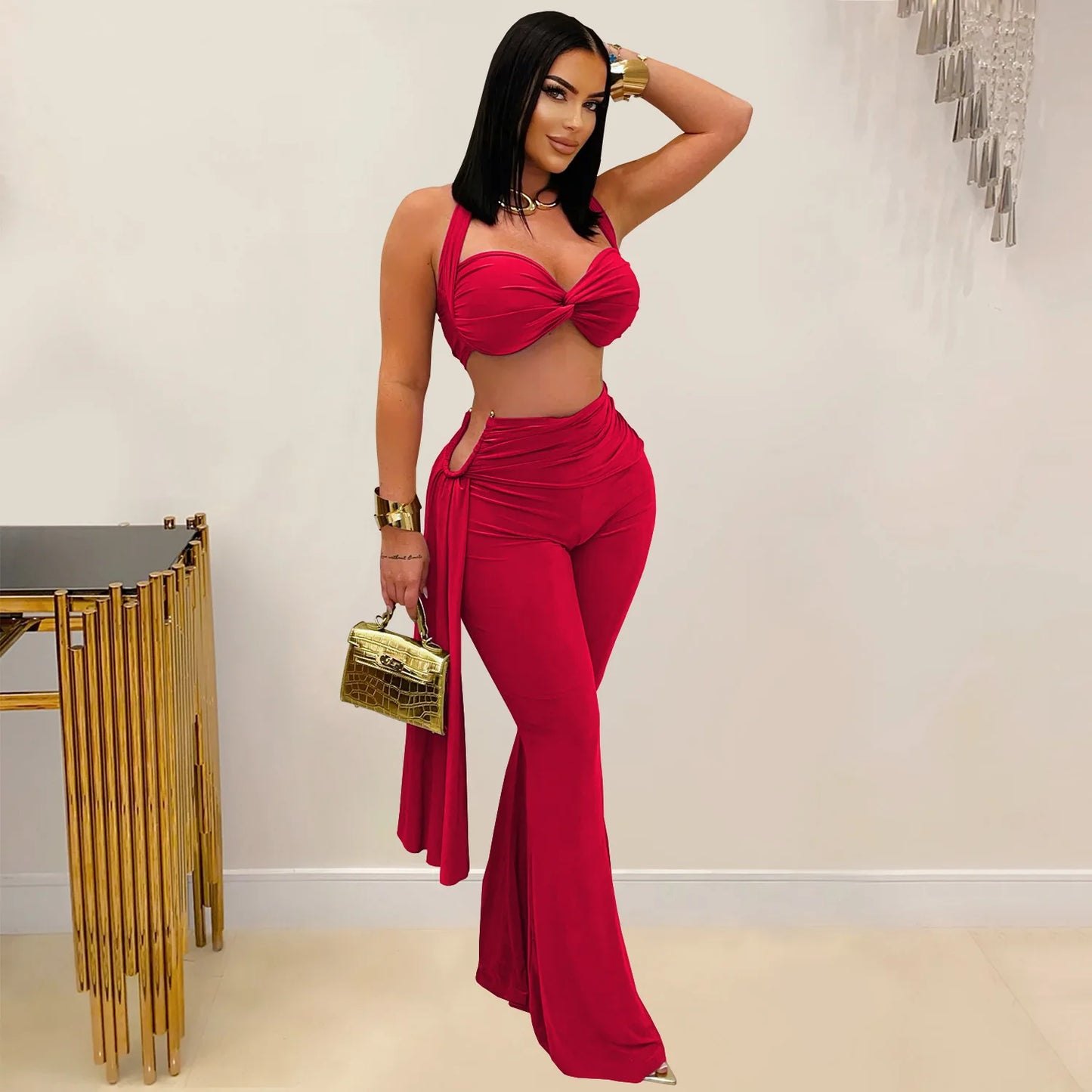 Maxy Sexy Halter Bikini Tops 2 Piece Pant Set Outfits Y2K Streetwear Women Flare Pants Tracksuit Elegant Bandage Tops Two Piece Sets