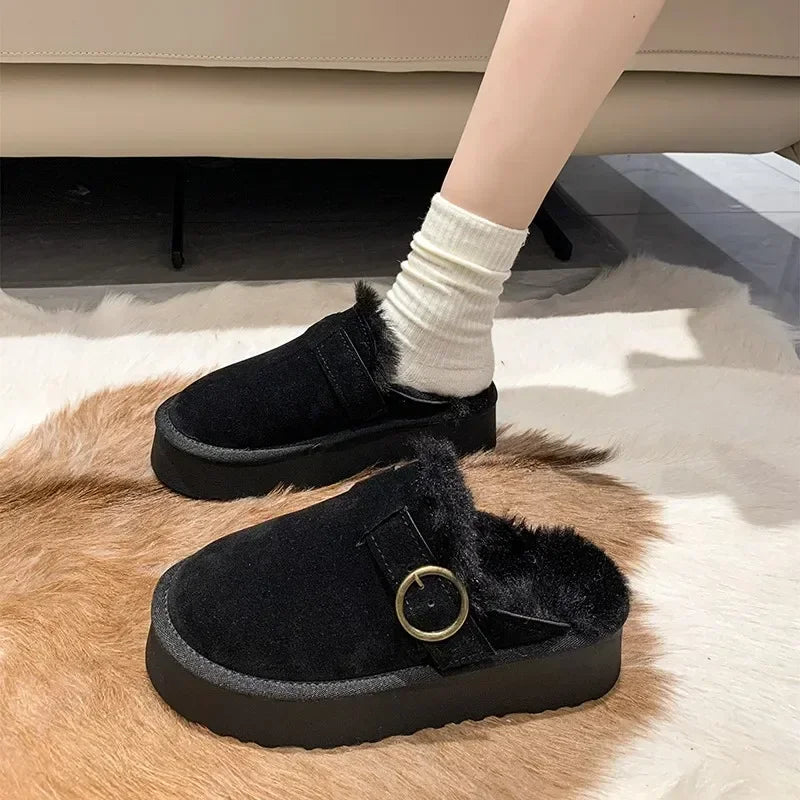 Maxy Women Thicken Plush Fur Slippers Winter Slip on Chunky Platform Loafers Mules Woman Thick Bottom Cotton Slippers Flip Flops