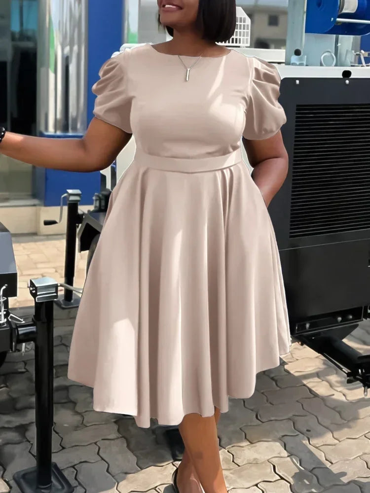 Amay Women's Long Dress Classic New Commuter Round Neck Temperament Elegant Cinched Waist Bubble Sleeve A-line Dress Retro OL
