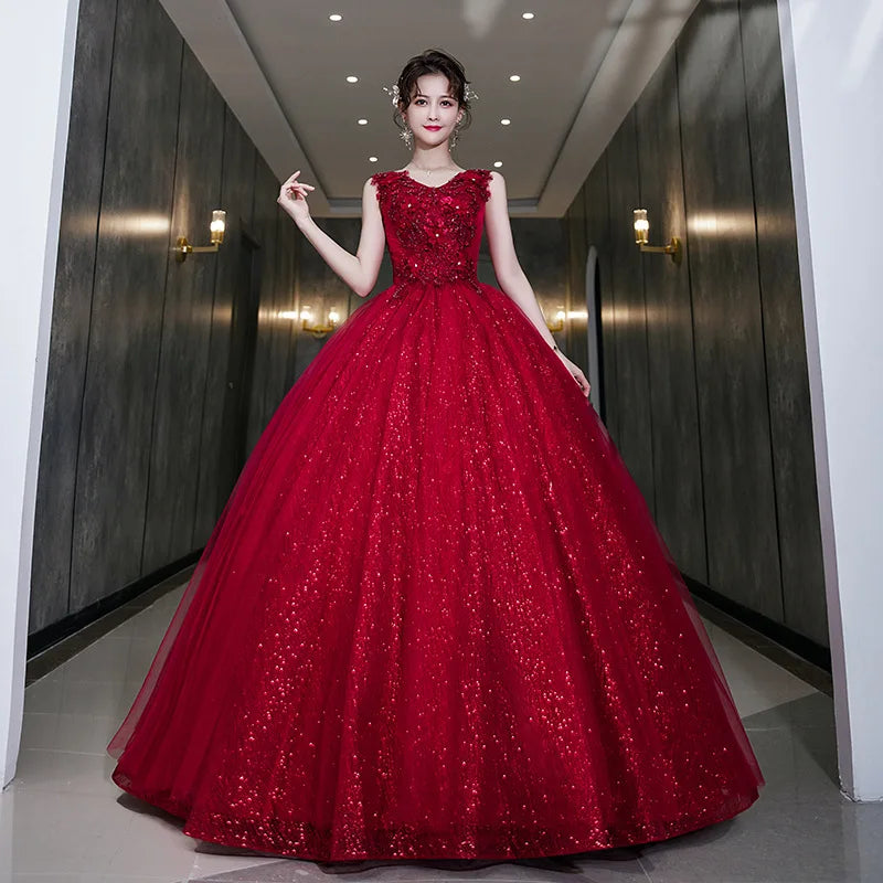Maxy New Women's Wine Red Embroidered Decal Evening Dress Fashionable Slimming Banquet Art Exam Stage Grand Display Dress