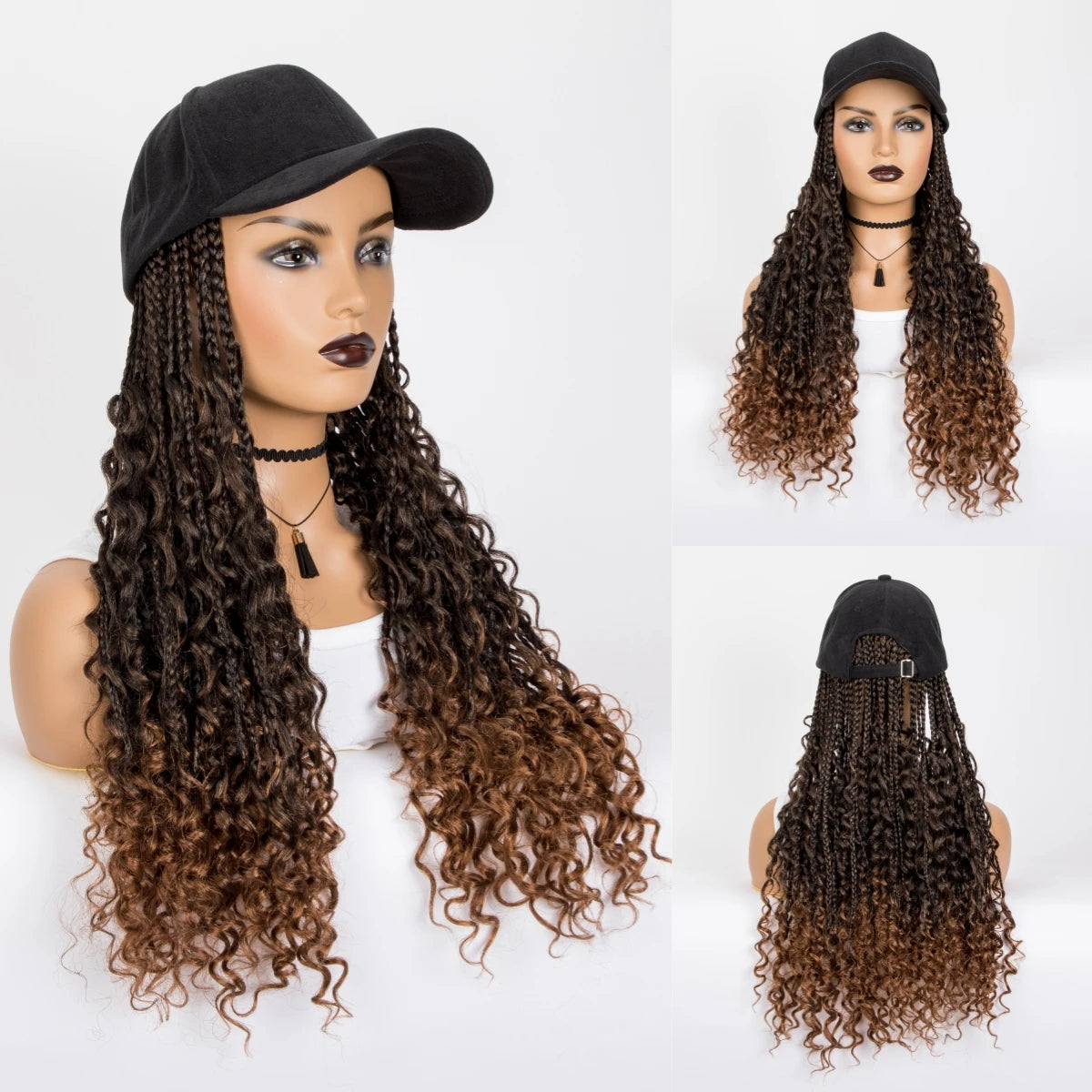 Maxy 20 Inch Black Long Synthetic Ombre Boho Box Braiding With Baseball Cap With Braids Hair Extensions Curly Wigs For Women