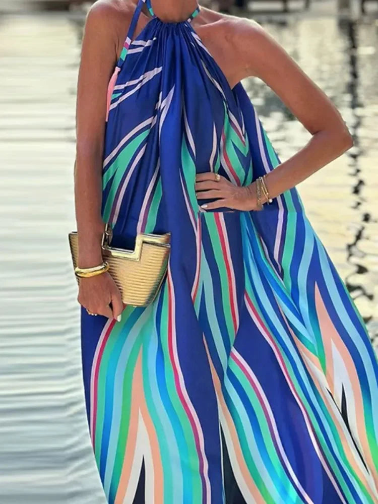 Maxy Lemongrove Summer Sleeveless Colorful Striped Halter-Neck Beach Dress For Women New Fashion Sleeveless Party Evening Dresses