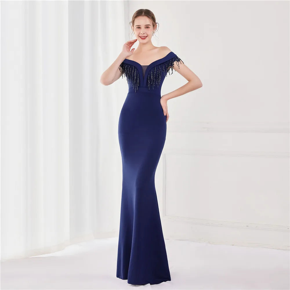 Maxy Evening Dress Navy Blue Stretchy Off the Shoulder Beads Zipper Back Mermaid Trumpet Floor Length Women Party Formal Gowns YE131