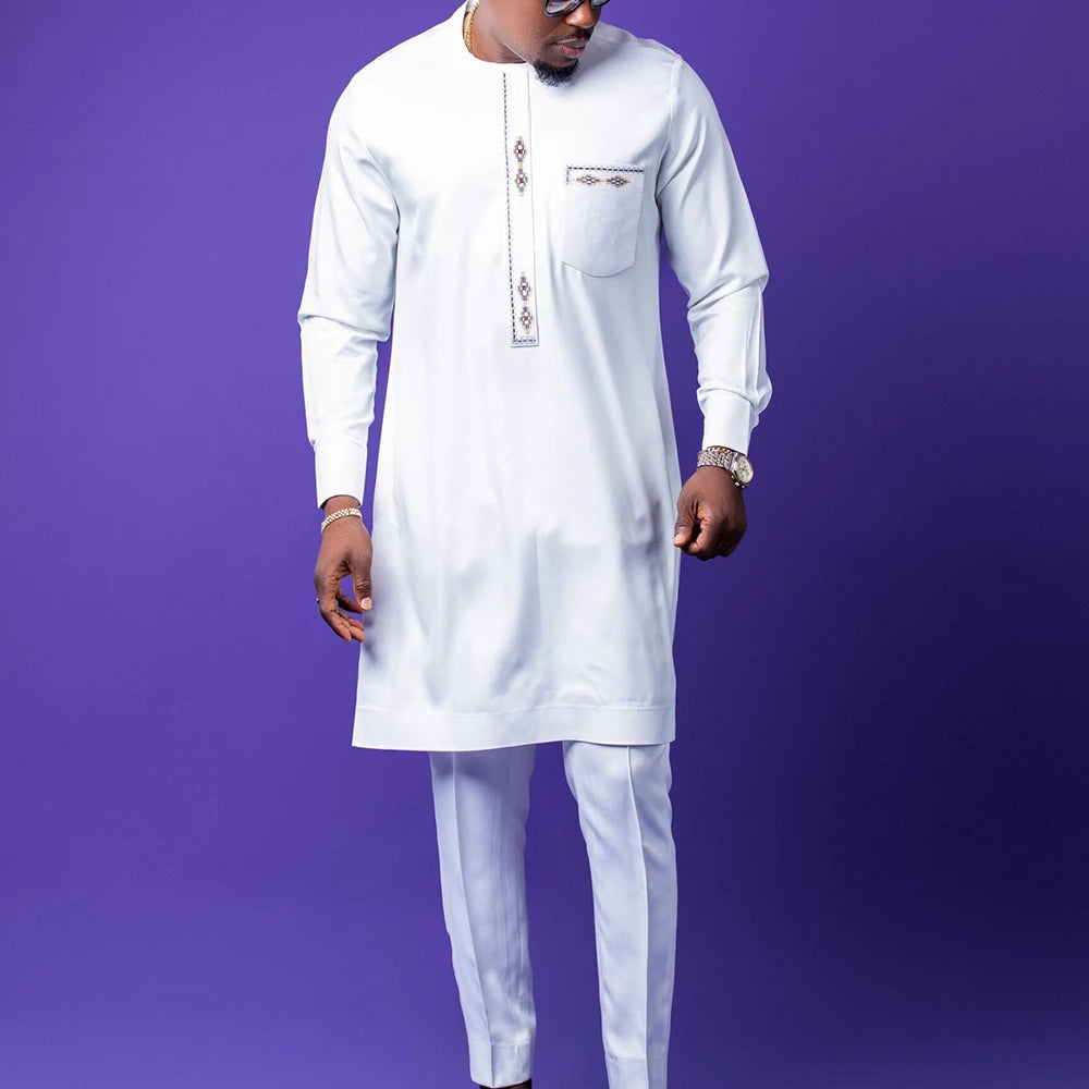 Amay New Kaunda Men's Set Fashionable and Elegant Men's Wedding Set Round Neck Long Sleeve Embroidered Men's Full Set Suit