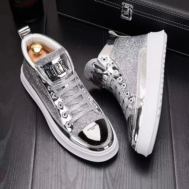 Amay Fashion Y2K boots for men shine leather metal decoration high top boot luxury shoes hairdresser Casual Male sneakers Botines