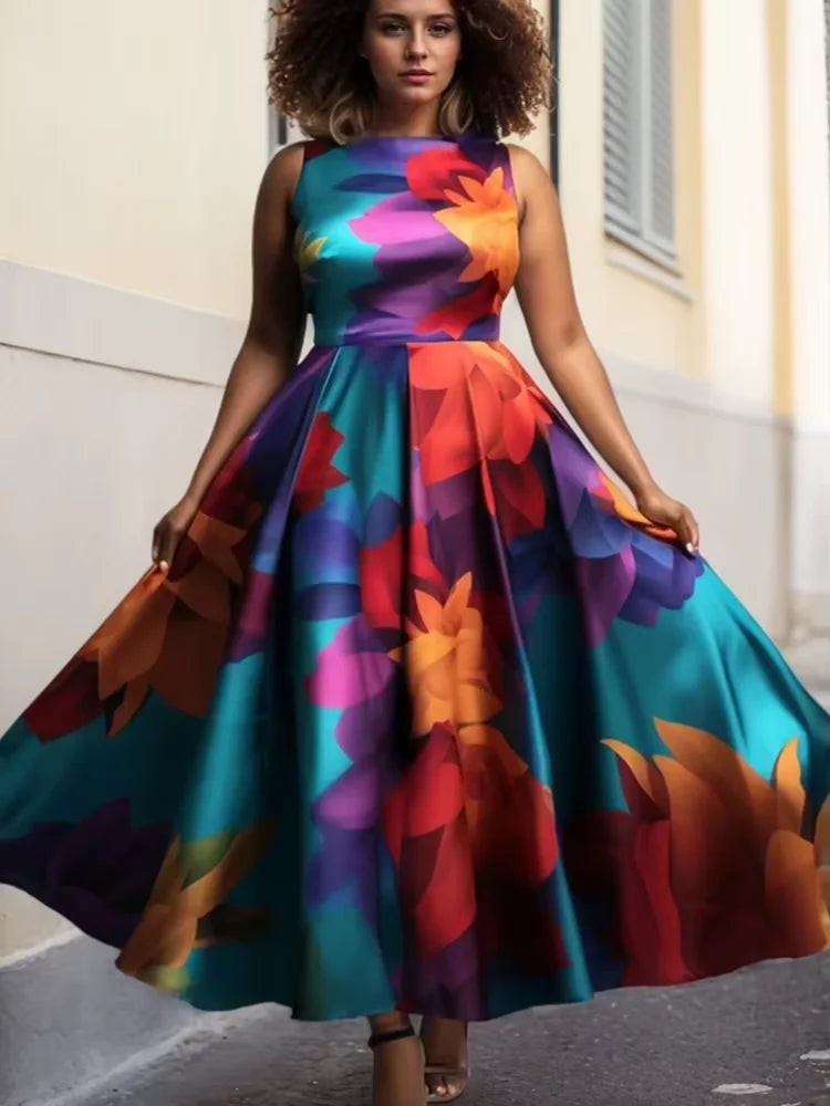 Maxy Plus Size Women Floral Printing Dress Short Sleeve Round Neck Chiffon A-line Female Elegant Fashion Summer Dresses