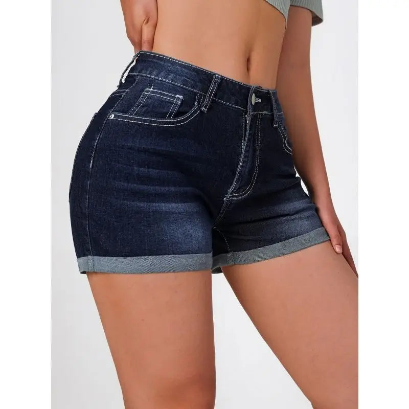 Maxy Women's summer denim shorts American deep blue elastic slim fit fashionable versatile casual retro denim shorts