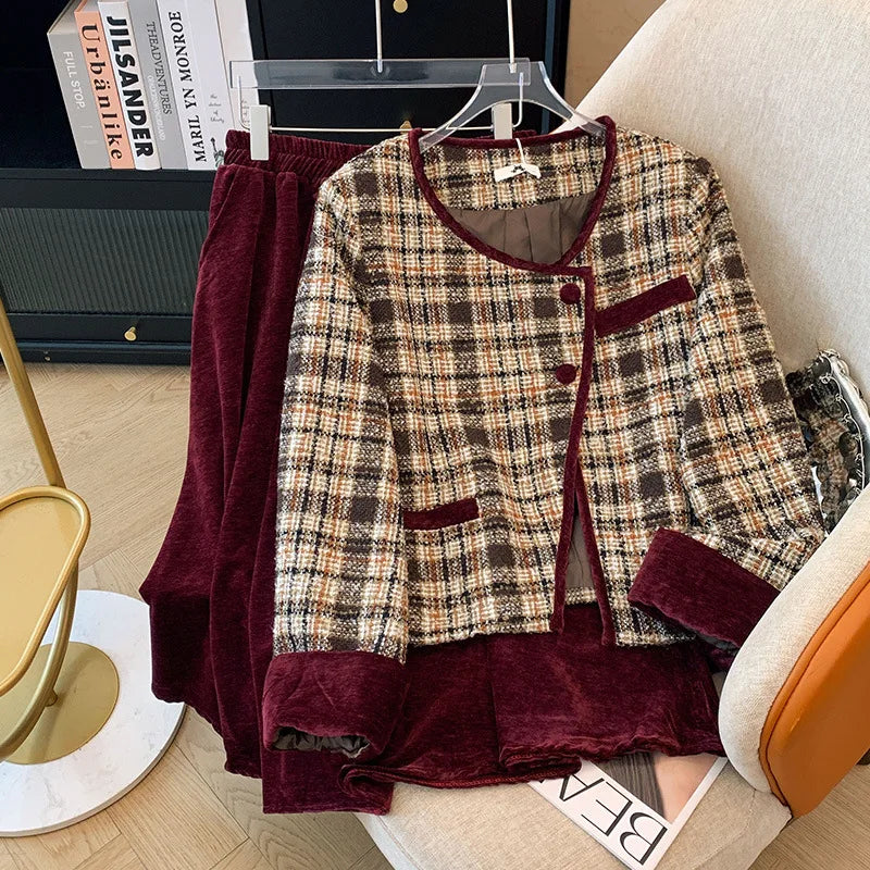 Maxy 150Kg Plus Size Women's Bust 155 Autumn Loose Small Fragrant Jacket Gold Velvet Skirt Two-Piece Set 5XL 6XL 7XL 8XL 9XL