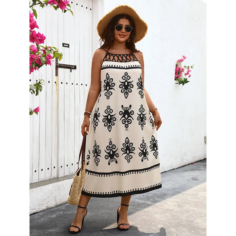 Maxy New Hollow Out Sexy Suspender Long Dress with Sleeveless Printed Dress Summer-dress Party Summer Elegantes Casual Y2k