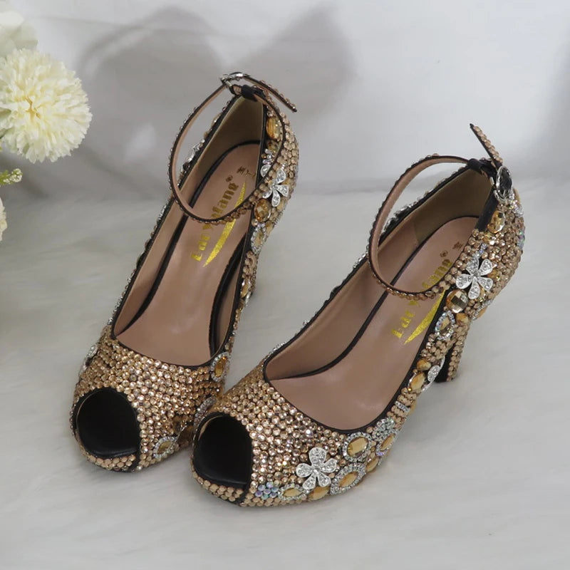 Momsey Peep Toe crystal Woman wedding shoes with matching bags Bridal fashion High Thick heel shoe Women party dress shoes Ankle Strap