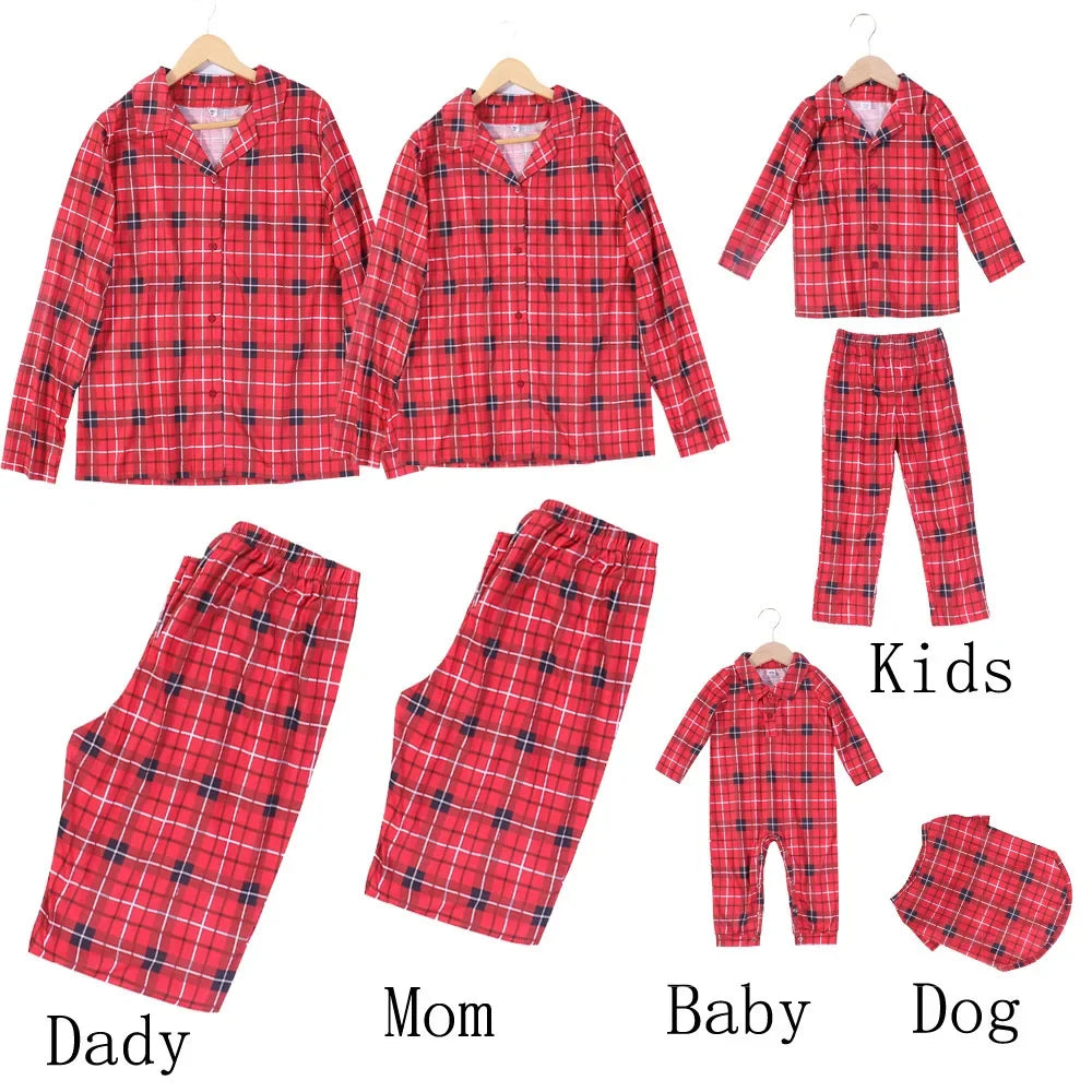 Christmas Family Matching Pajamas Set With Plaids Long Sleeve Tops and Pants Adults Kids Soft and Comfy Home Wear Dog Clothes