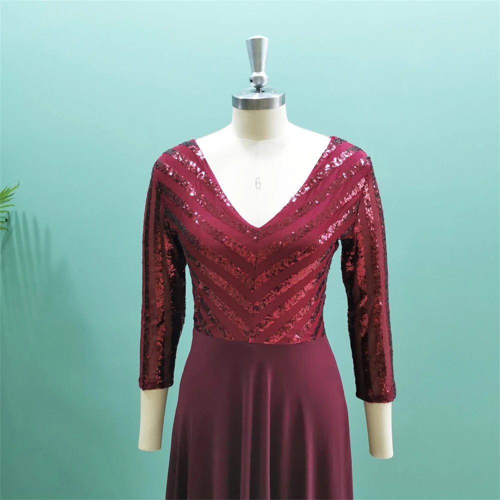 Graceful Long Burgundy Evening Dress 3/4 Sleeves A Line Sequined Top A Line Women Formal Occasion Gowns For Prom Party Wholesale