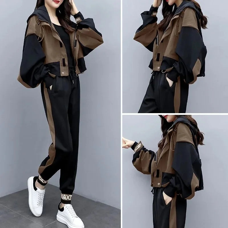 Maxy Spring Autumn Harem Pants Casual Two-piece Sets Women Hooded Patchwork Colour Short Top Suits Female Loose Thin 2-piece Sets