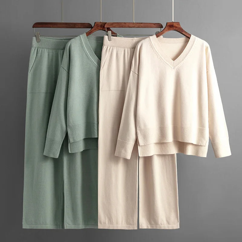 Macy Knit Sweater 2 Pieces Sets Women Loose V-neck American Tops Conjuntos Waist Ankle Length Wide Leg Pants Tracksuit E1136