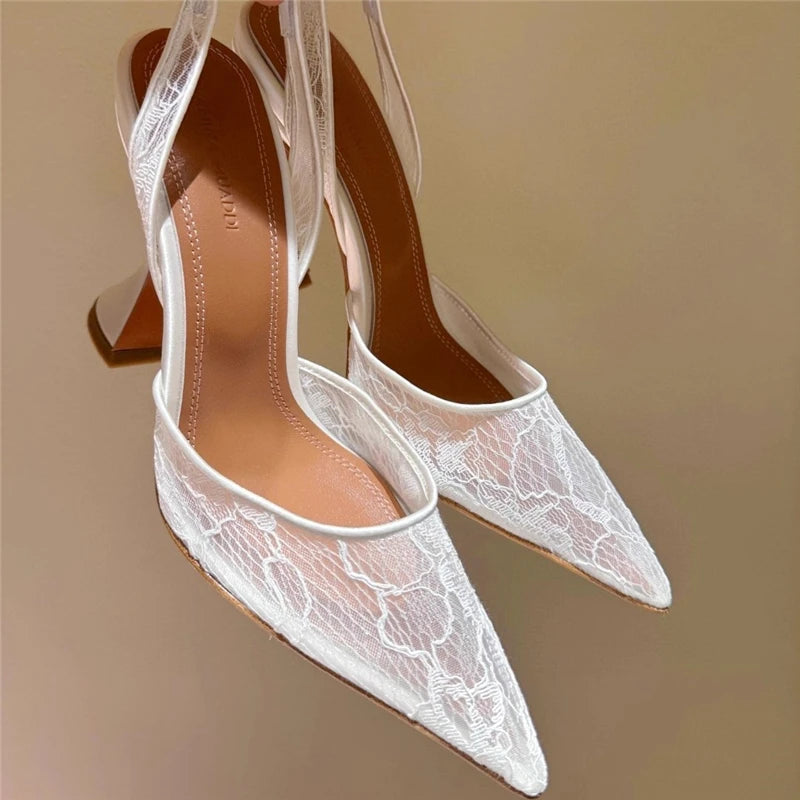 Maxy High-heeled sandals summer new pointed lace mesh wine glass heel wedding shoes banquet dress versatile simple women's shoes