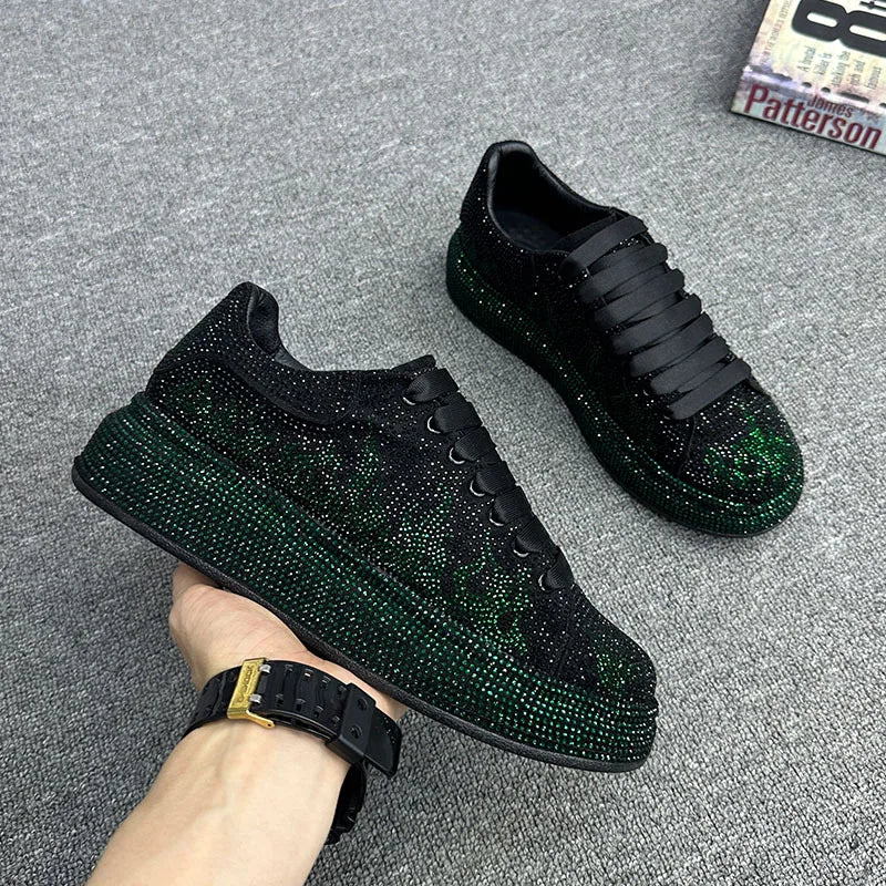 Maxy Luxury Designer Men's Glamour Blue Rhinestone Platform Prom Shoes Causal Flats Moccasins Male Rock Hip-hop Walking Sneakers