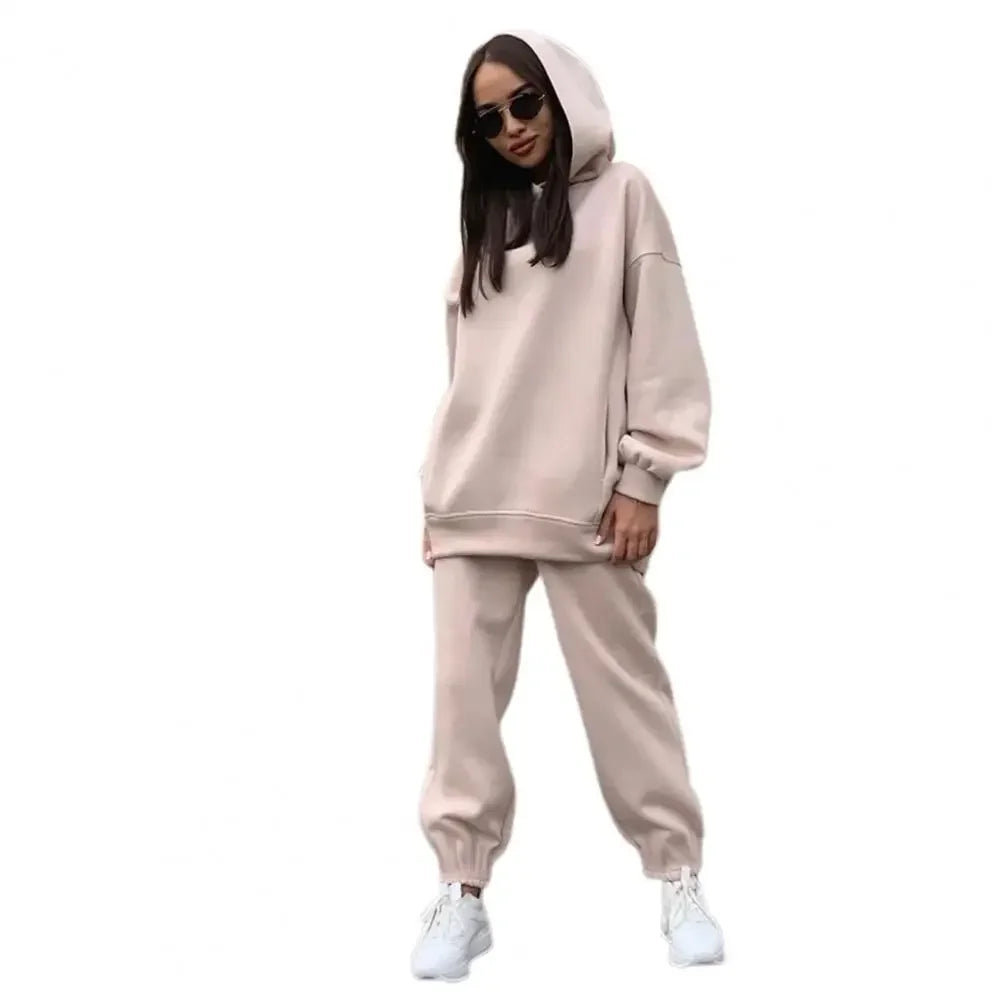 Maxy Winter Tracksuit Women Two Piece Set Solid Warm Suits Hoodies Sweatpants Oversized Pullovers Long Pant Sportswear