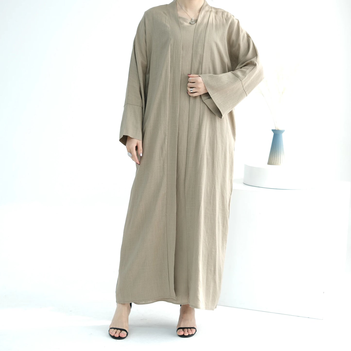 Maxy 2pcs Open Abaya Muslim Women Kimono Inner Dress Set Turkey Islamic Arab Robe Dubai Caftan Jalabiya Eid Ramadan Outfits Gown
