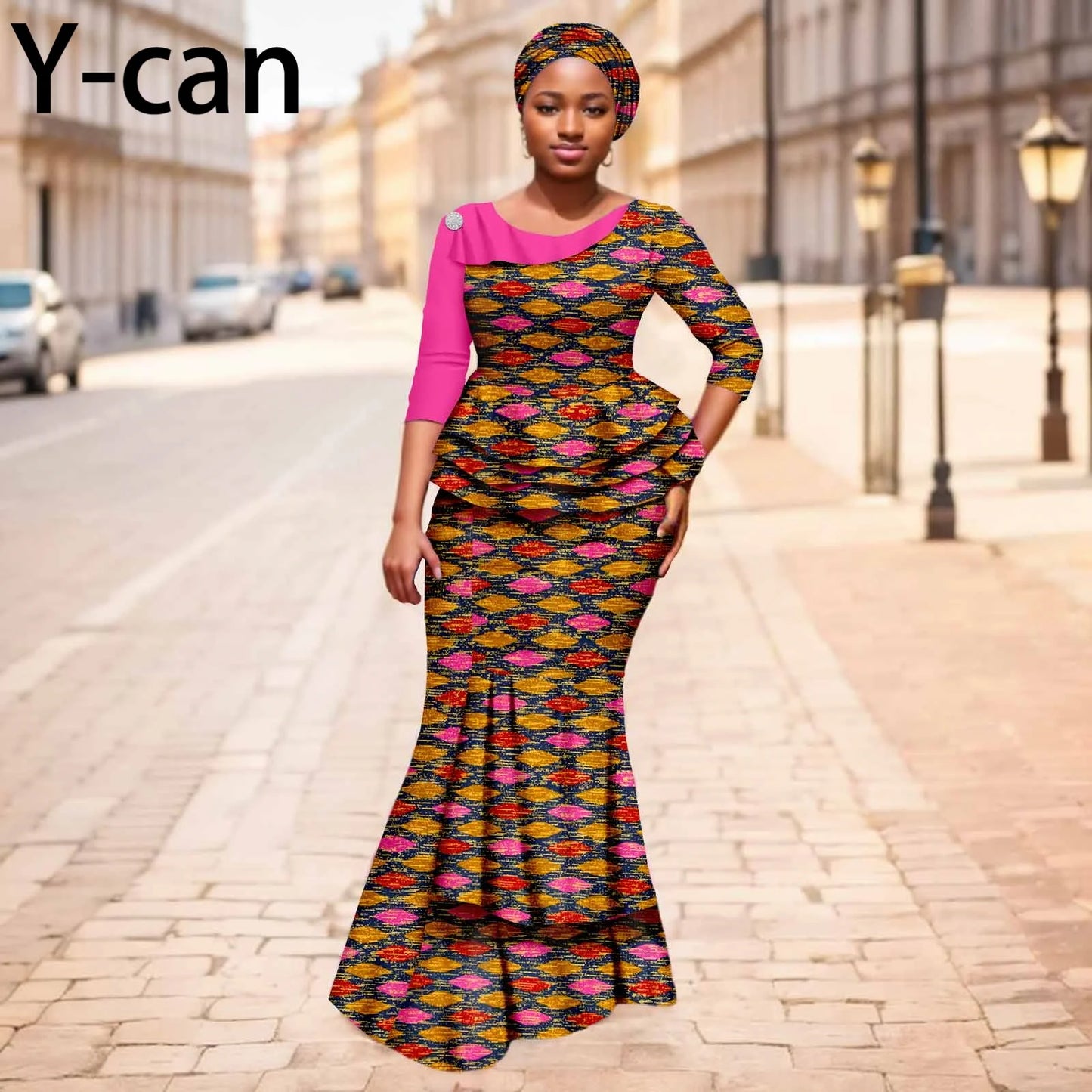 Maxy New African Dresses for Women Dashiki Print Patchwork Top and Mermaid Skirt Match Turban Traditional Wedding Party Dress 2526004