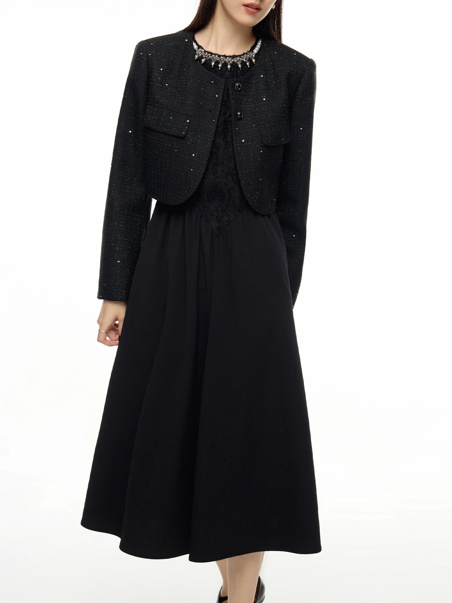 Maxy Women Short Tweed Jacket Black Temperament Coat Sleeveless Halter Neck Dress Office Lady Autumn Set 24DS83339+24DS83340