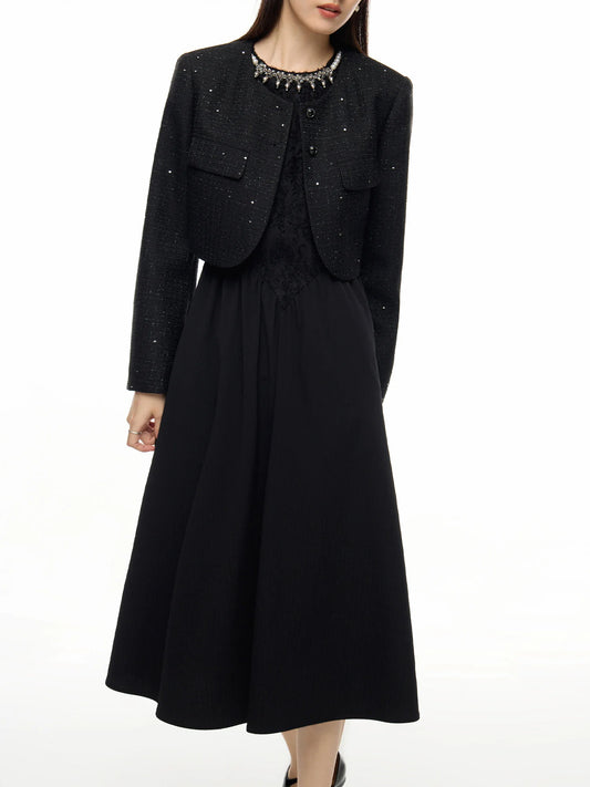 Maxy Women Short Tweed Jacket Black Temperament Coat Sleeveless Halter Neck Dress Office Lady Autumn Set 24DS83339+24DS83340