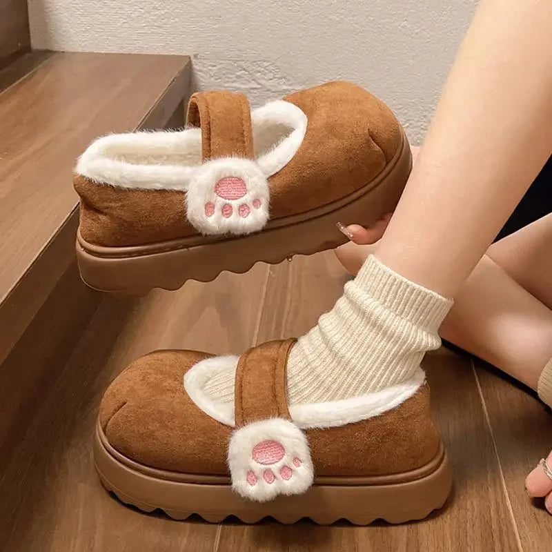 Maxy Cute Cat Paw Cotton Snow Boots Shoes for Women New Winter Velvet Thick Sole Outdoor Shoes Warm Round Toe Lazy Casual Shoes