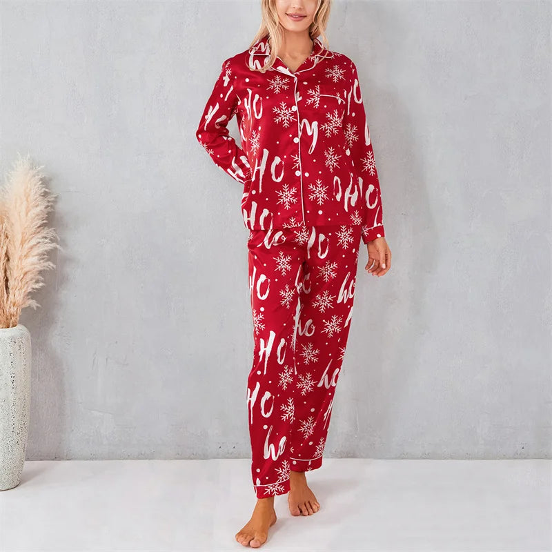 Maxy Autumn Women Pajamas Set Print Christmas Sleepwear 2Pcs Red Buttons Lapel Neck Shirt Tops + Elastic Waist Pants Sets Loungewear