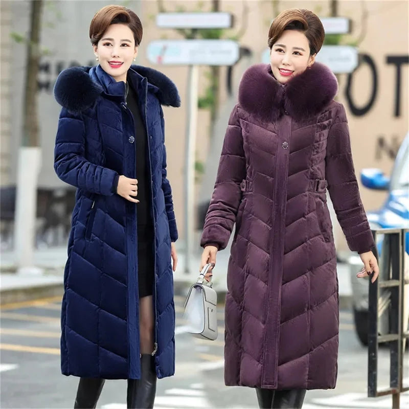 Maxy Long Mom's Winter Parka Quilted Elegant Luxurious Golden Velvet Down Cotton Coat Middle-aged Elderly Women's Thick Warm Jacket