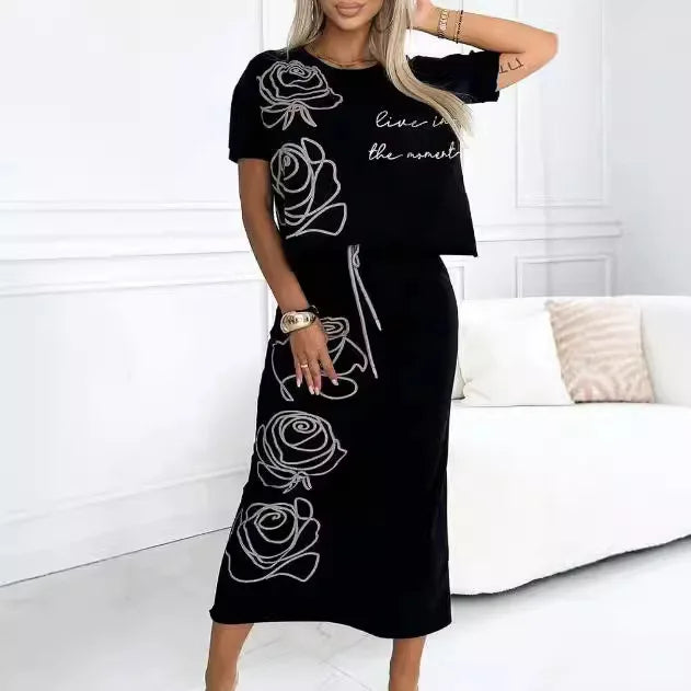 Maxy Fashion Women's New Rose Flower Print Dress Two-piece Set Women's T-shirt Top + Skirt Sui't 2-piece Sets