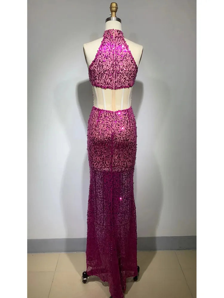 Maxy Rose Luxury Prom Gowns Halter Sequins Beading Diamonds Glitter Sparky Long Evening Party Formal Celebrity Dress