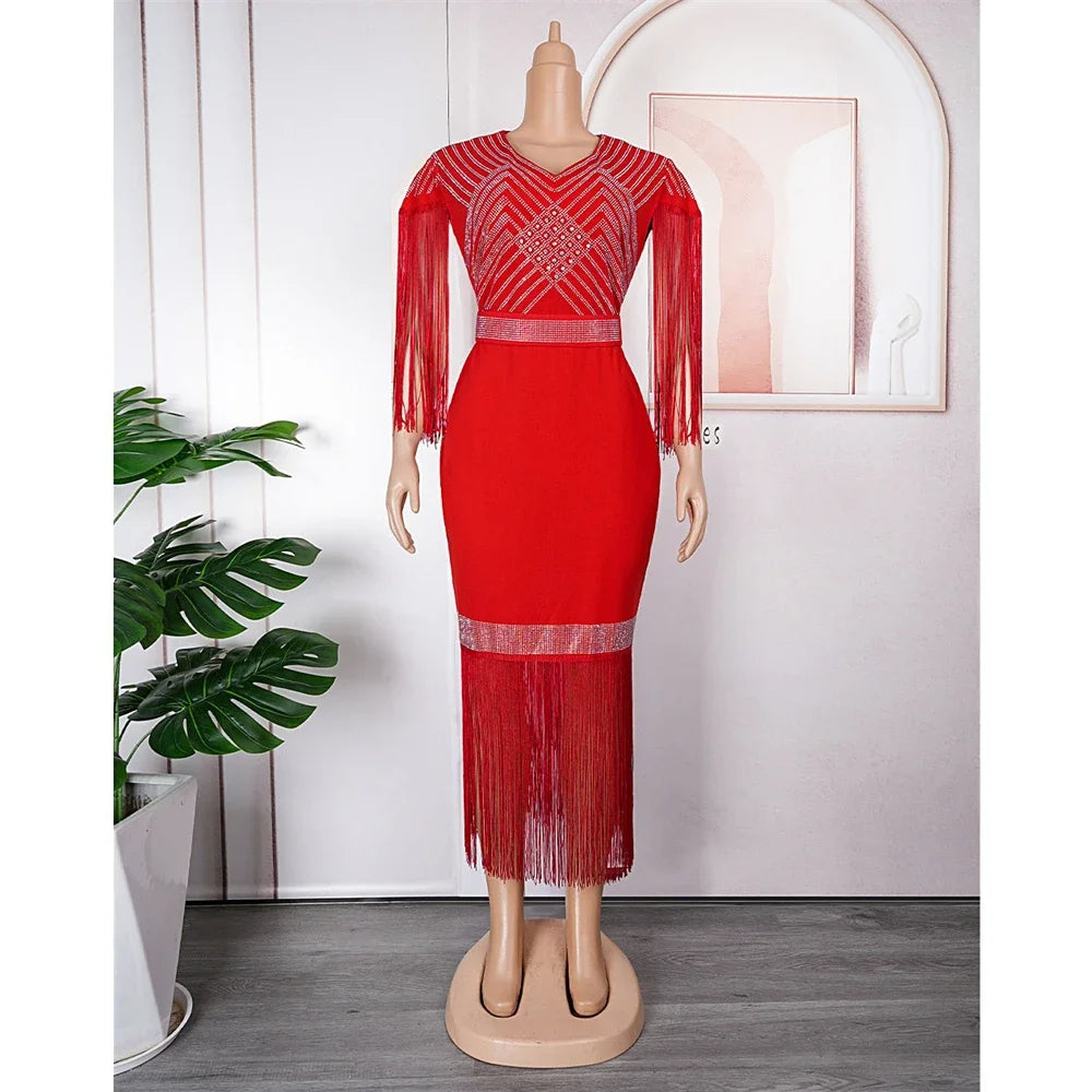 Maxy Plus Size African Party Dresses for Women New Dashiki Diamonds Tassel Ankara Evening Long Gowns Turkey Robe Africa Clothing