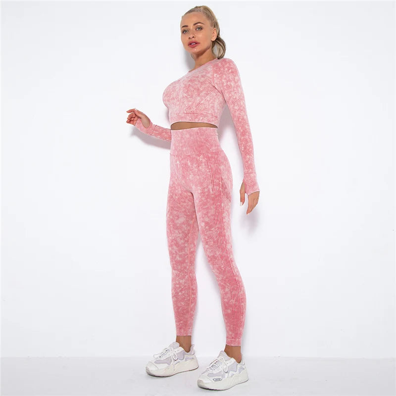 Seamless Sports Suits Women O-neck Crop Tops Long Sleeve Push Up Leggings Sets Gym Wear Summer Two Pieces Sets Tracksuit Feamle