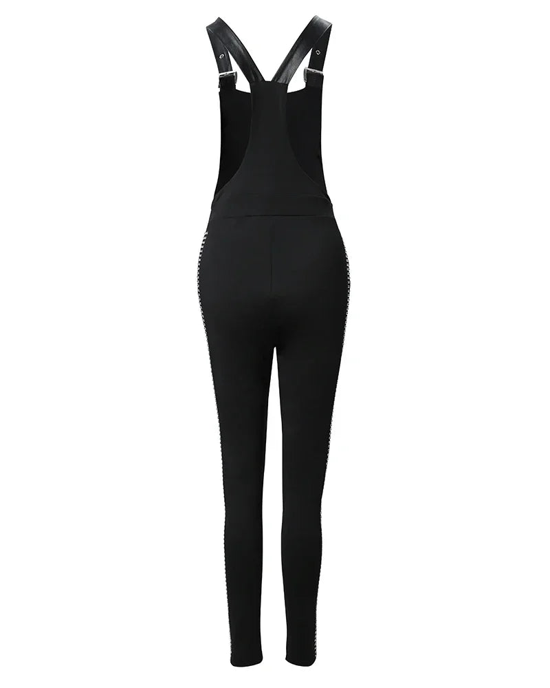 Summer Rhinestone Decor Buckled Suspender Jumpsuit 2025 Women Long Jumpsuits Elegant New Fashion Woman Casual Daily Clothing