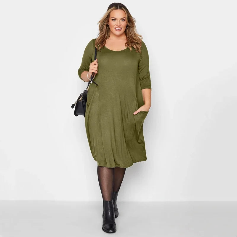 Amay Plus Size Half Sleeve Casual Summer Tunic Dress Pockets Front Loose Straight Midi Dress Large Size Flare Basic T-shirt Dress 7XL