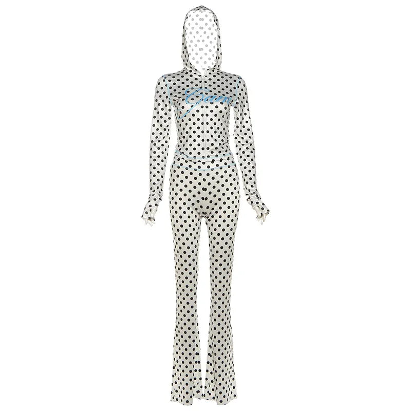 Maxy Dot Letter Print 2 Piece Set Woman Tracksuit Trend Sexy Hooded Jacket+Pants Skinny Stretch Matching Streetwear