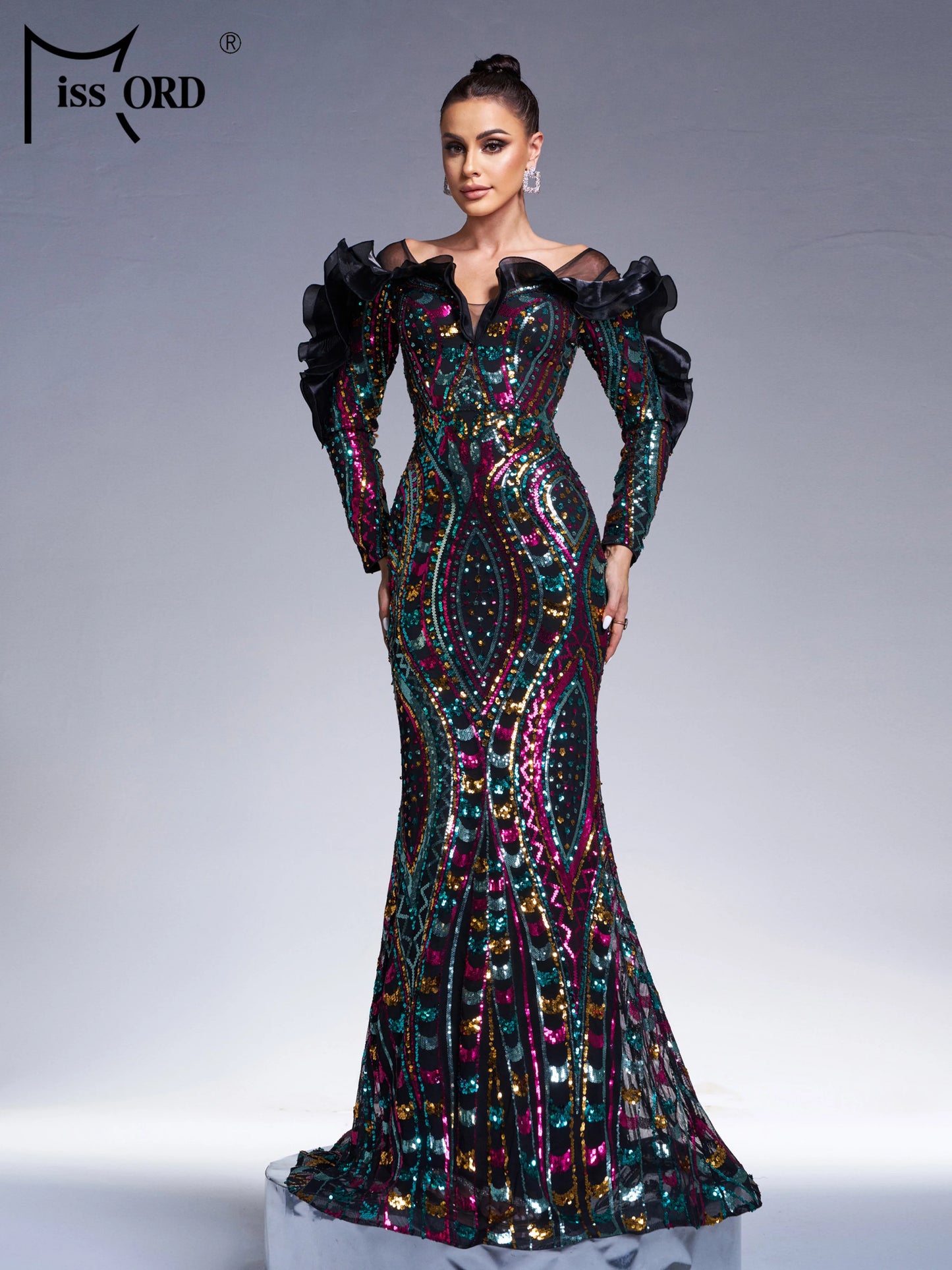 Maxy New Black Church Off Shoulder Sequin Geometric Mermaid Evening Cocktail Wedding Birthday Party Formal Occasion Dress