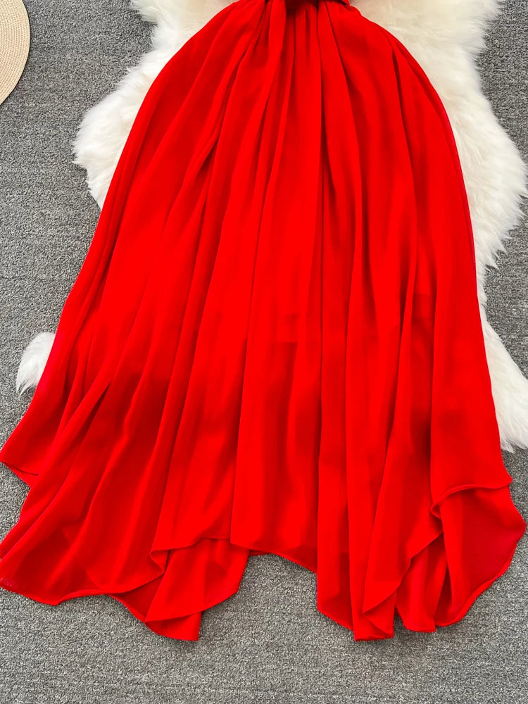 Amay Summer Women Red/Purple/Blue/Yellow Stand Collar Hollow Out Off Shoulder Chiffon Party Dress Vintage Short Sleeve Irregular Robe