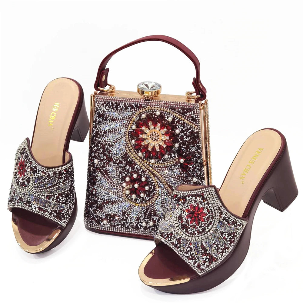 Maxy Shoe and Bag Set New 2024 Women Shoes and Bag Set In Italy wine Color Italian Shoes with Matching Bag