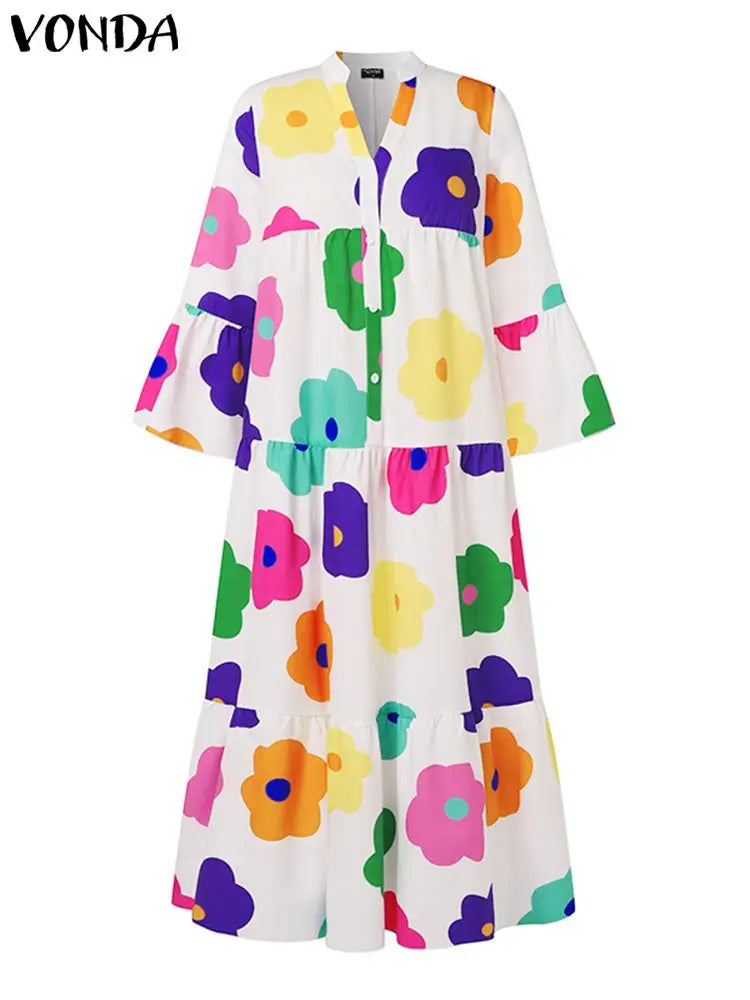 Maxy Plus Size 5XL Autumn Ruffle Dress Elegant Long Dress VONDA Round Neck Printed Flare Sleeve Vestidos Loose Robe
