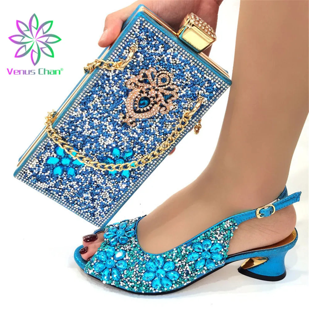 Maxy Design Shoes with Matching Bags for Wedding High Heels Women Wedding Shoes Decorated with Rhinestone Shoe and Purse Set