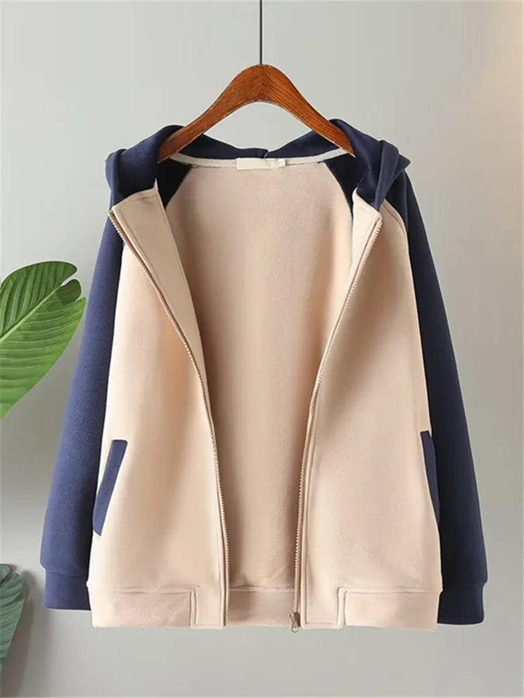 Maxy Plus Size Women's Clothing Autumn Winter Hoodies &Sweatshirts Hooded Long Sleeves Mixed color Warm Sweatshirt With Fleece Inside