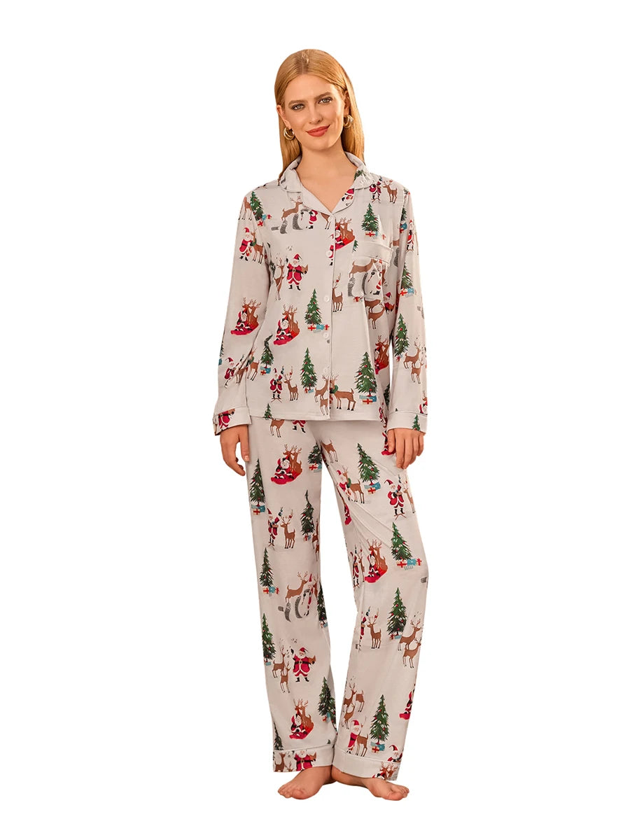 Women Christmas Pajamas Set Reindeer Tree Max Print Lapel Neck Button-up Long Sleeve Tops Long Pants Loungewear Outfit