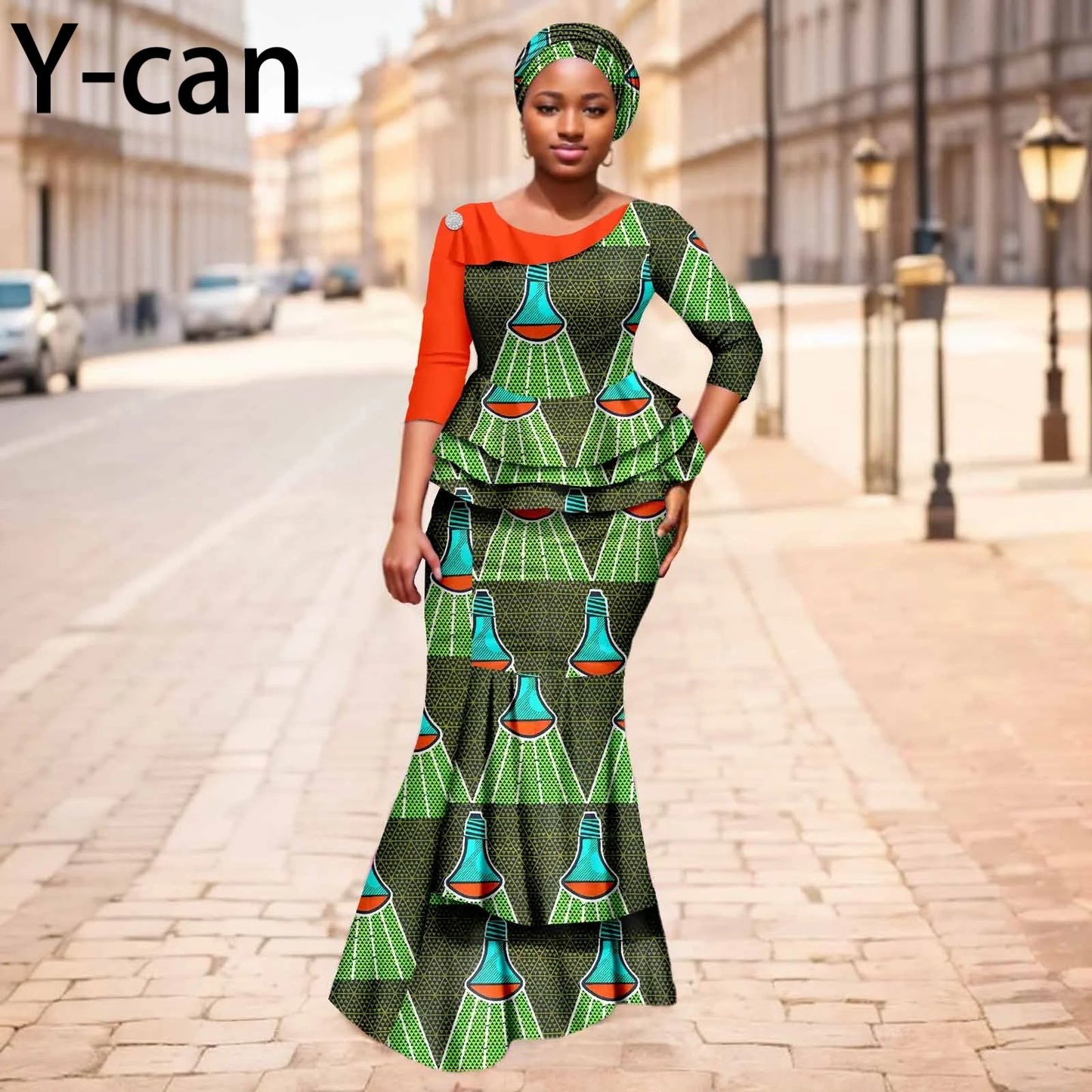 Maxy New African Dresses for Women Dashiki Print Patchwork Top and Mermaid Skirt Match Turban Traditional Wedding Party Dress 2526004