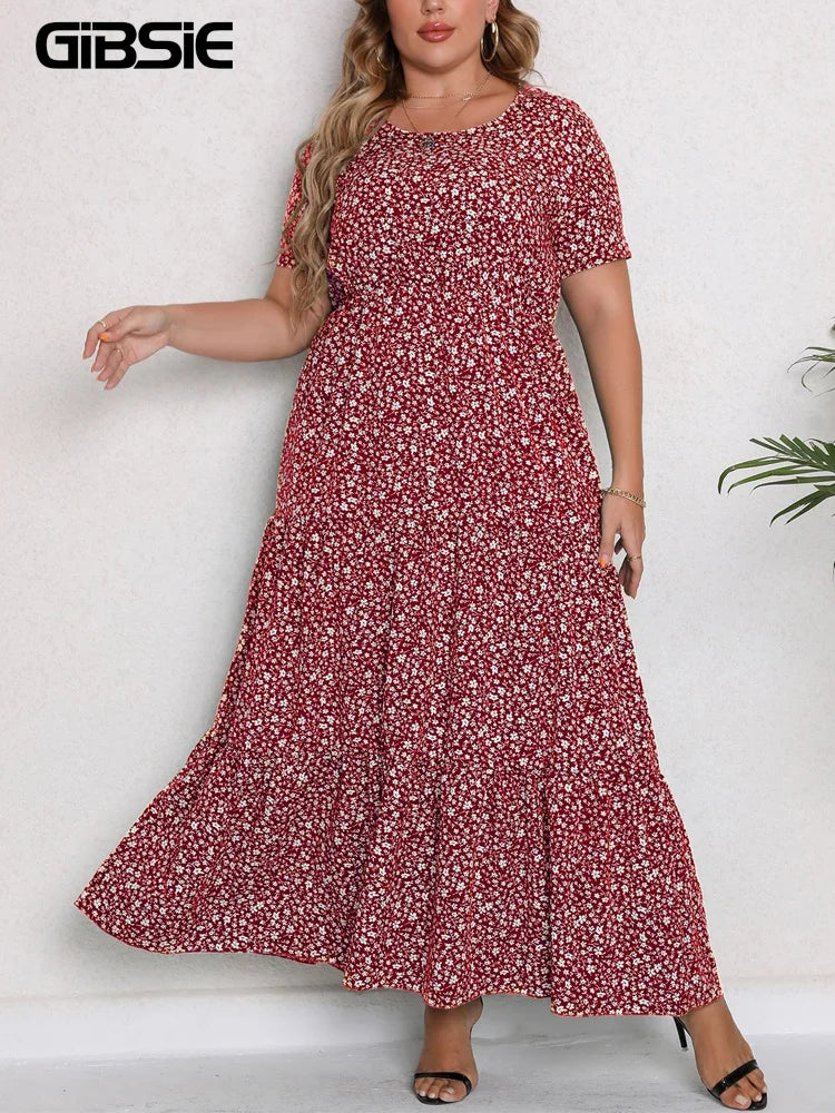 Gacy Plus Size O-Neck Ditsy Floral Ruffle Hem Dress Women Summer Short-sleeved Vacation Bohemian Beach Maxy Long Dresses