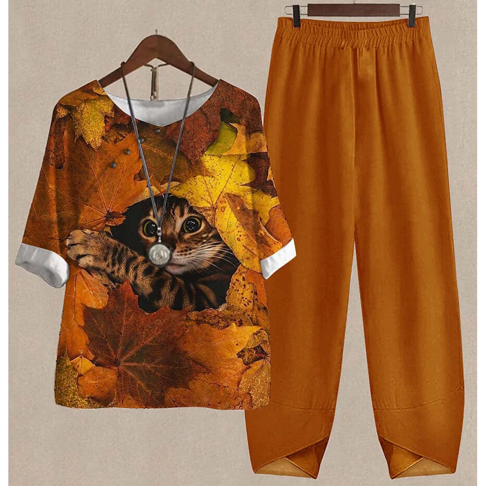 Maxy Leaf Printing Women O Neck Short Sleeve Suit Elegant High Waist Pants Fashion Top&Pants Set Casual Outfits Two Piece Sets Summer